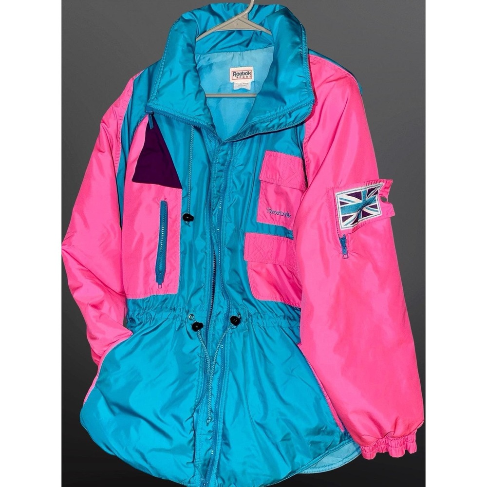 Vintage 80s Reebok Sport Ski Jacket Neon Pink Turquoise Drawstring Waist W Large